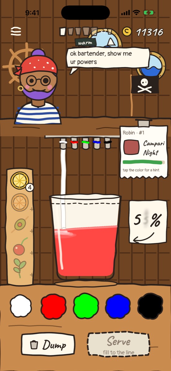 Pouring red into a glass on the pirate ship